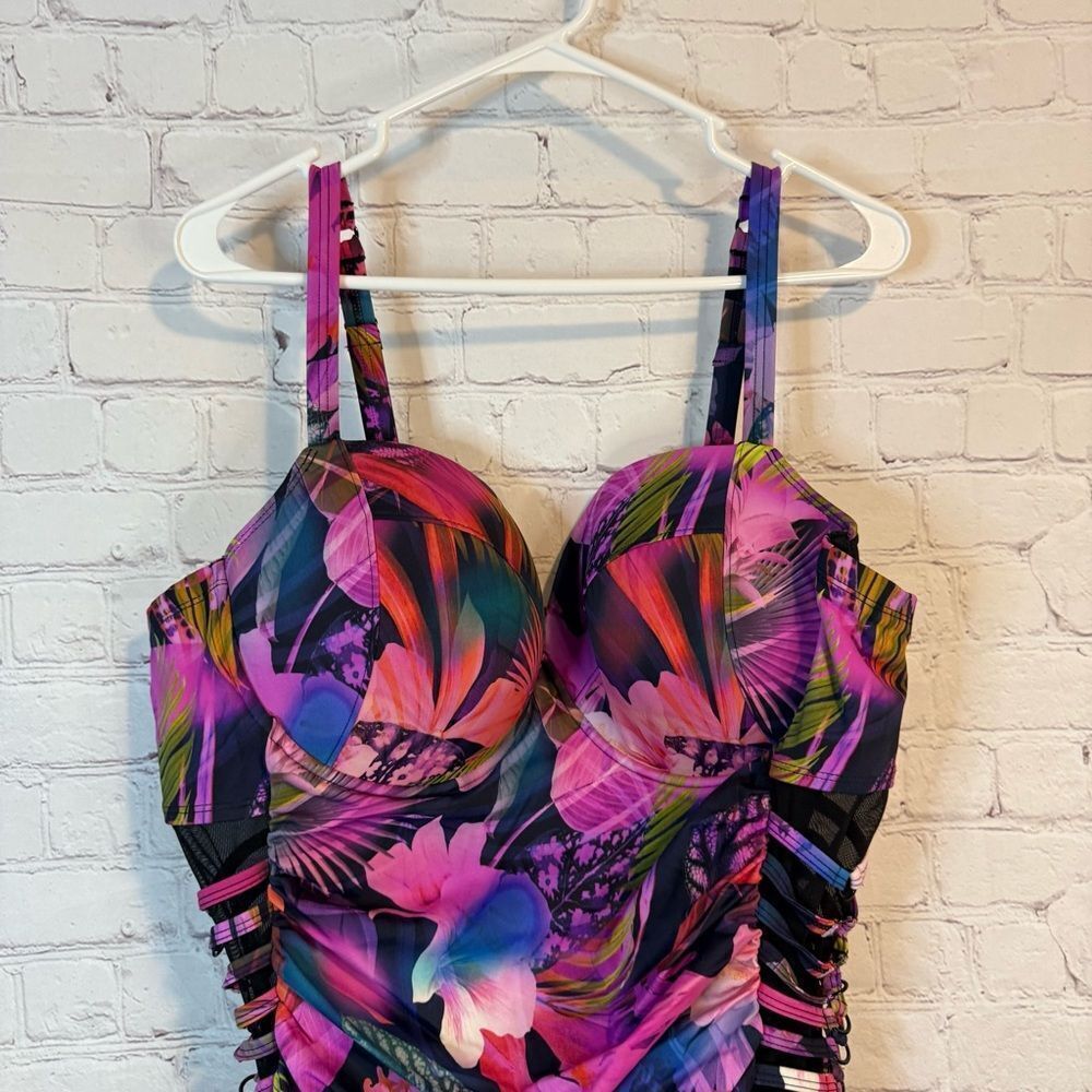 Women’s Floral Ruched One-Piece Swimsuit - Purple Mix - Picture 2 of 9